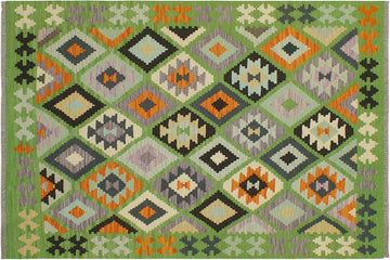 Flat Weave Kilim, Antique, Navaho, Vintage, Handmade, Geometric Kilim Green Blue Hand-Woven Rectangle 100% Wool Area Rug 4 x 6